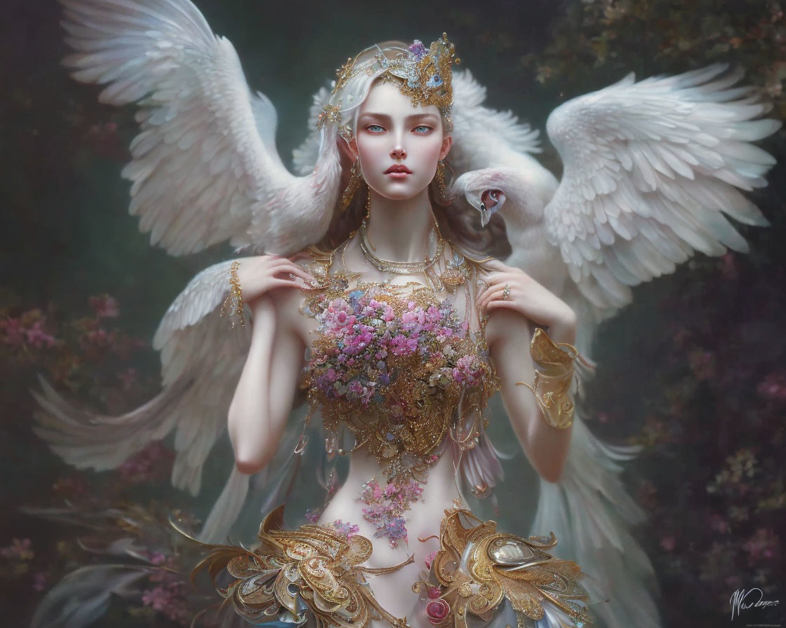 Ethereal figure with delicate wings in golden armor among dreamy floral backdrop