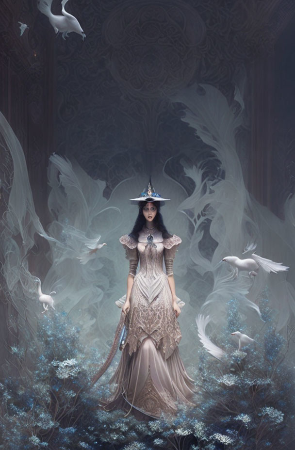 Woman in fantasy gown surrounded by birds in mystical forest