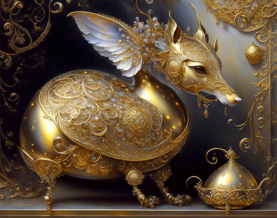 Golden fantasy creature with rabbit-like features and feathered wings on a dark, ornate background