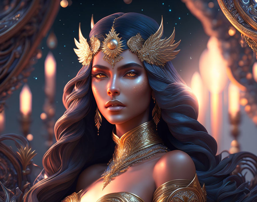 Fantasy digital artwork: female character with blue hair, golden winged headpiece, ornate armor