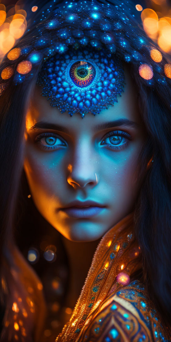 Woman with striking blue eyes in luminous blue and gold patterned headdress