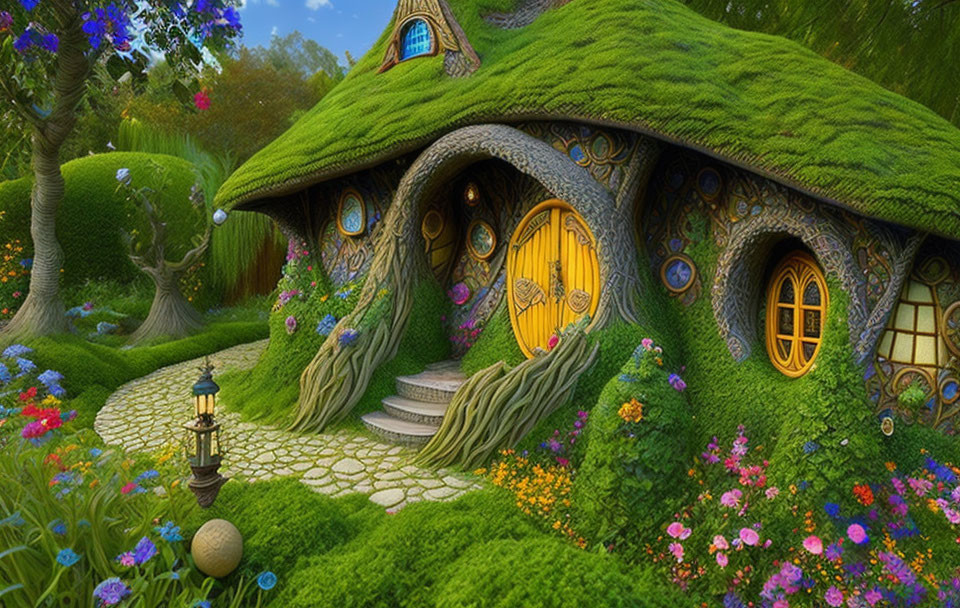 Charming cottage with mossy roof, yellow door, and garden with flowers.