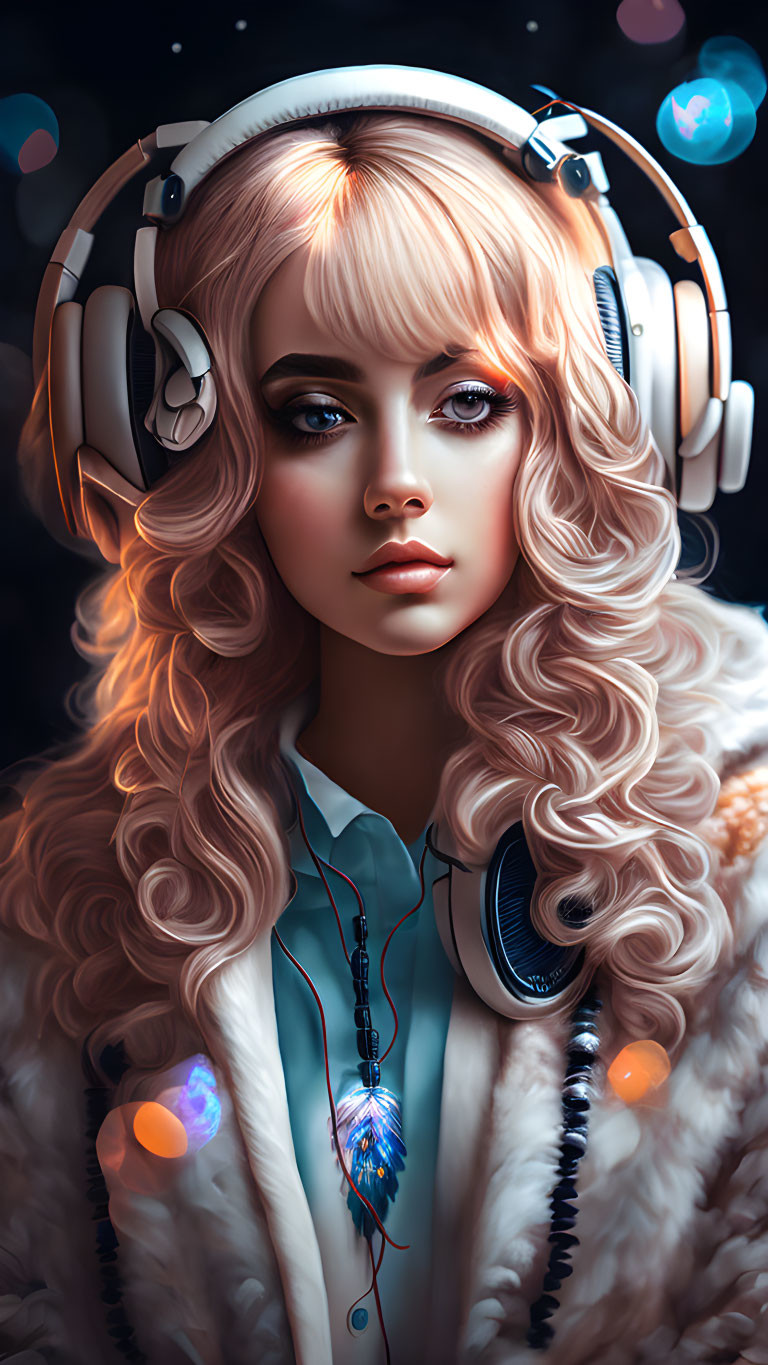 Blonde woman in headphones with blue pendant necklace