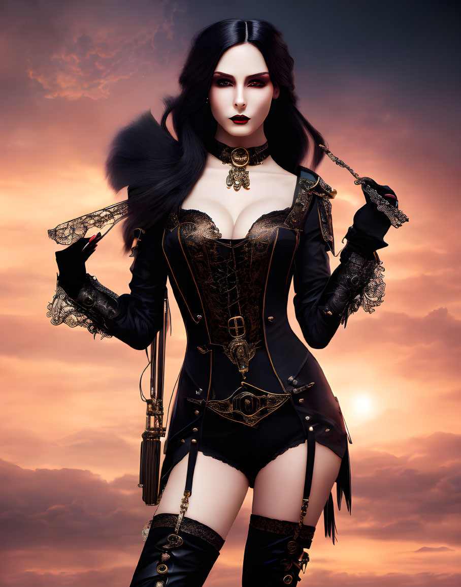 Gothic fantasy figure in black attire against sunset.