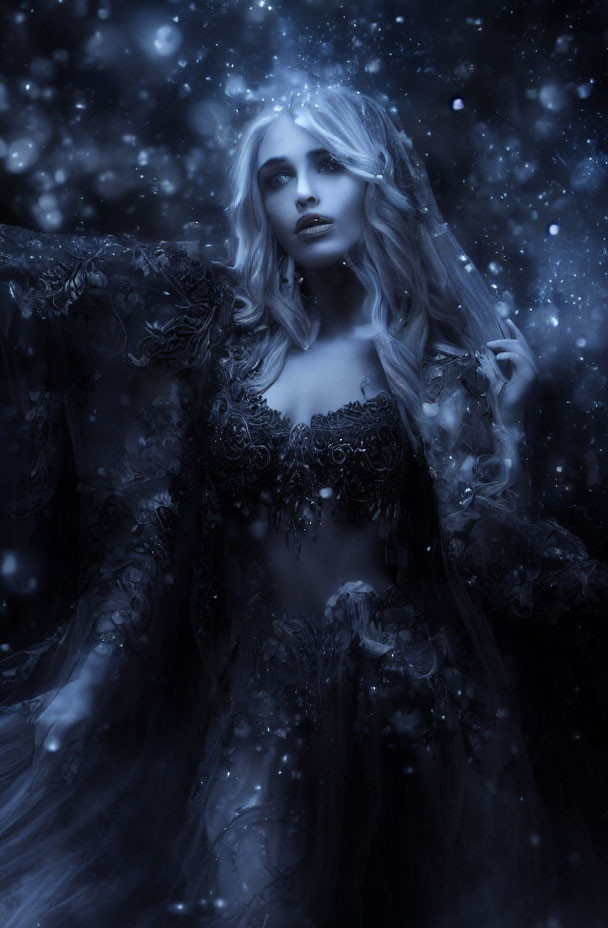 Blonde woman in dark dress with mystical blue glow and floating particles