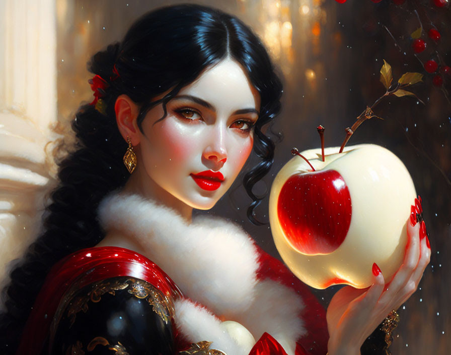 Dark-haired woman holding glossy apple in red and white fur-trimmed garment