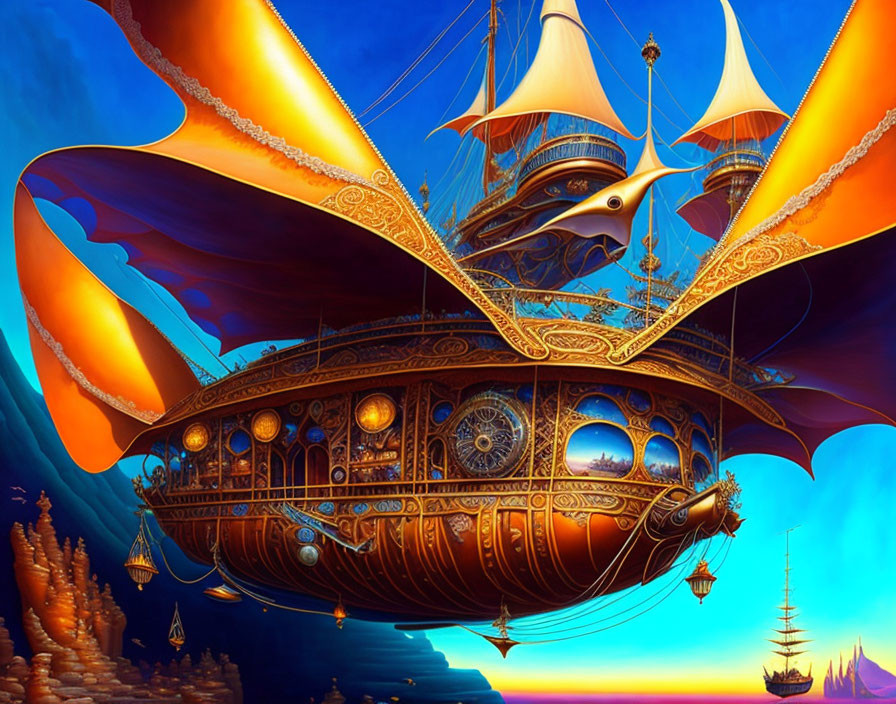 Fantastical flying ship sailing through colorful sky