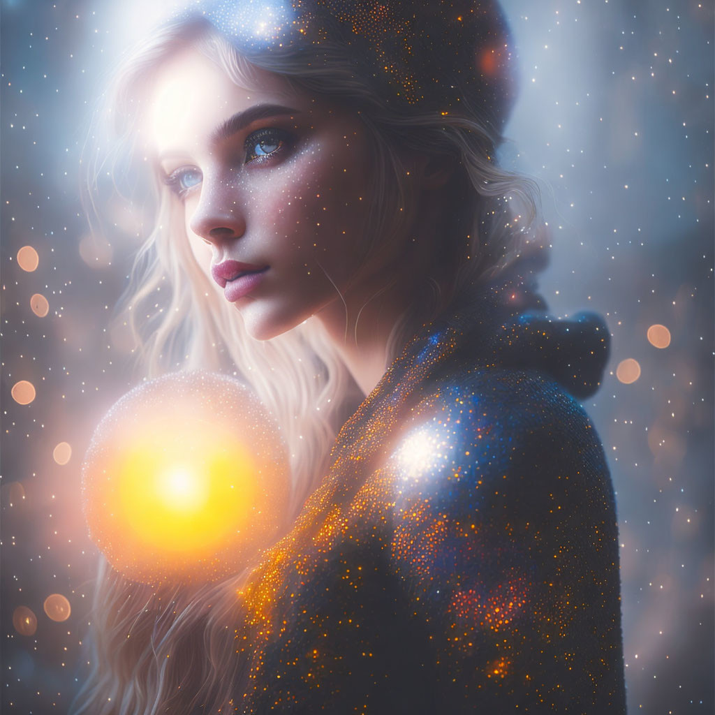 Digital artwork: Woman with star-like speckles, holding glowing orb, cosmic-themed bokeh background