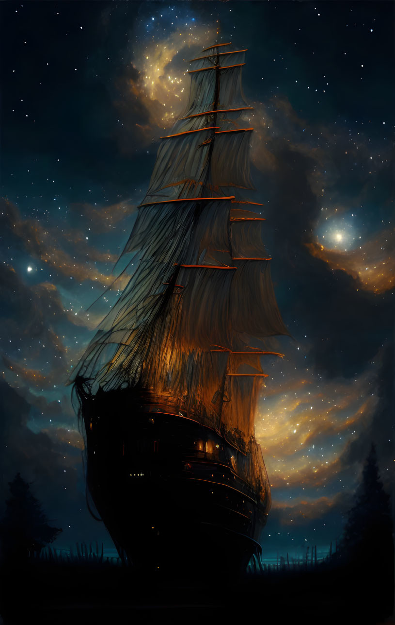 Ancient sailing ship under starry night sky