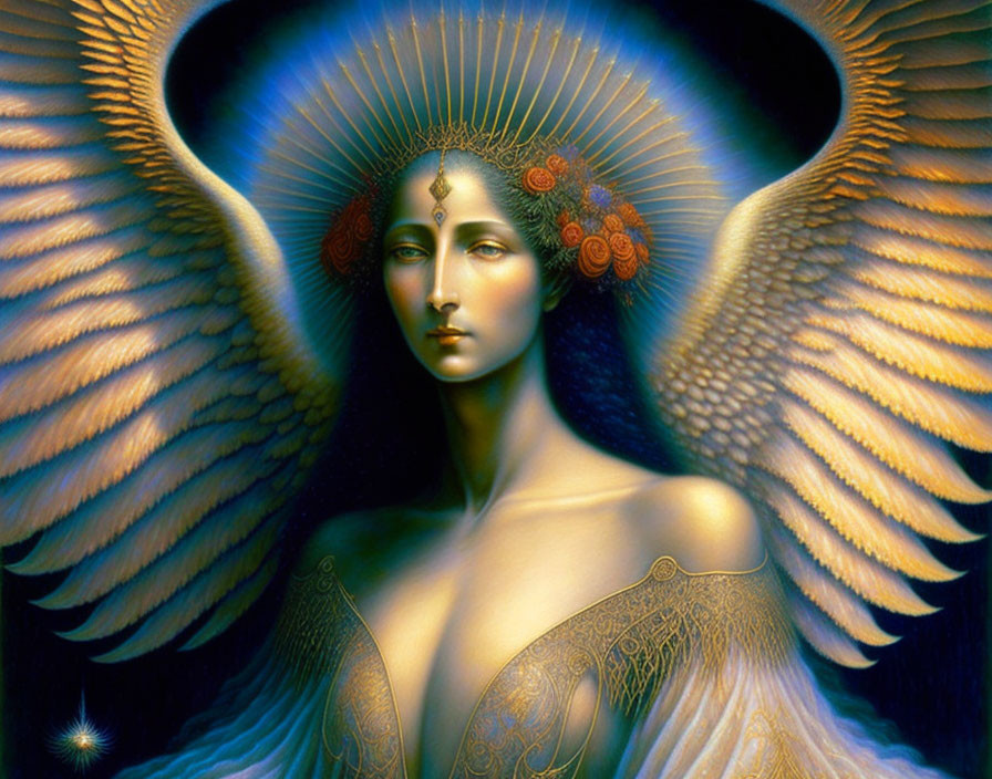 Golden-winged angel with halo and tattoos in mystical setting