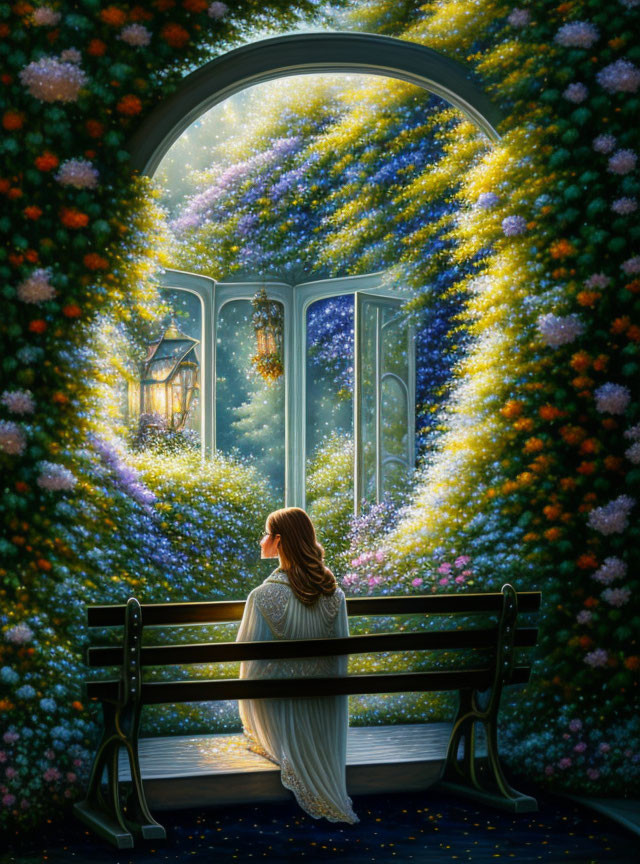 Woman in white dress gazes at starry twilight sky through arched window surrounded by flowers