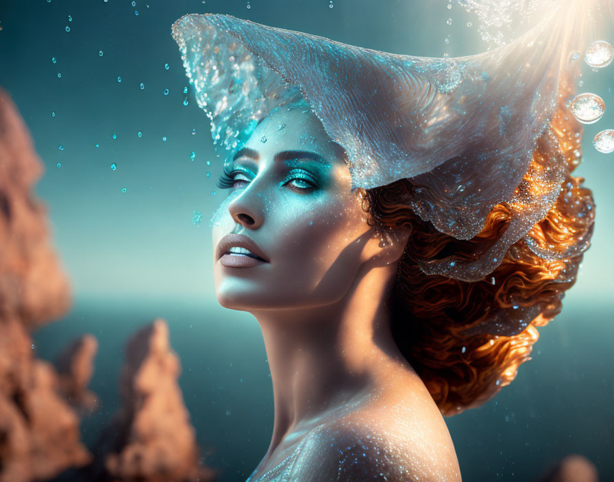 Blue-skinned woman with vibrant makeup and glittering hat in marine-inspired setting