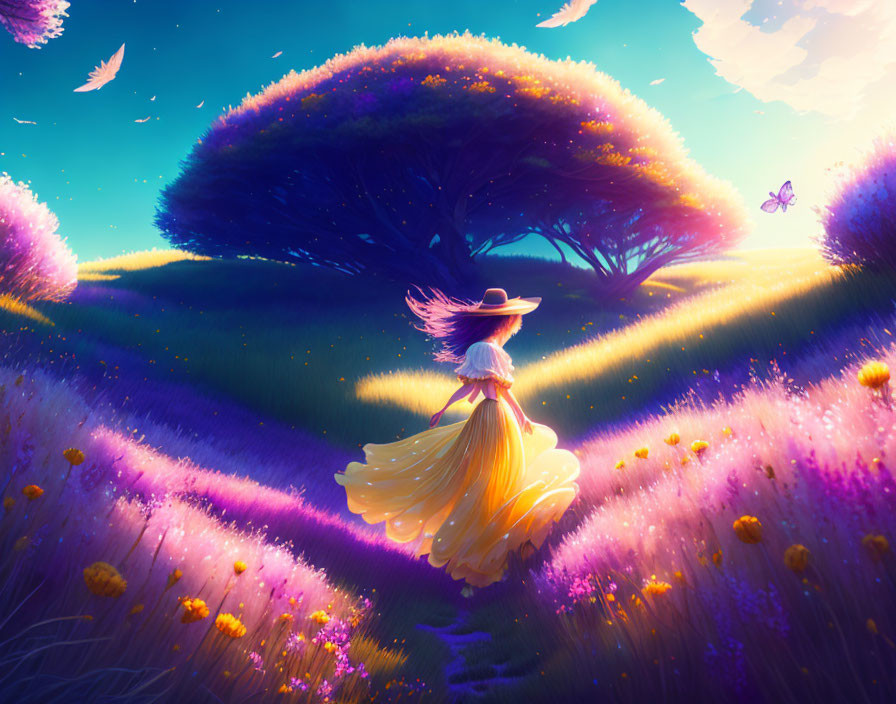 Girl in Yellow Dress and Hat in Vibrant Meadow with Butterflies and Whimsical Tree