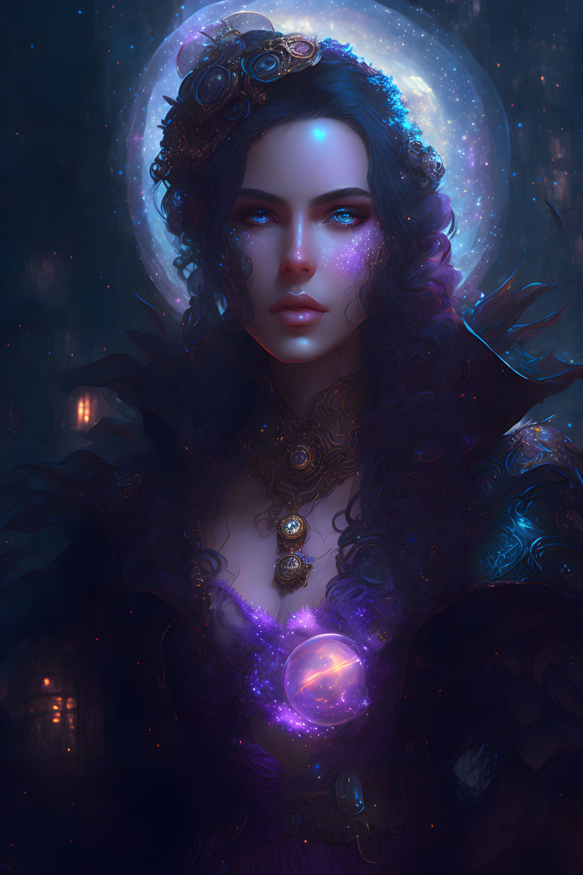 Mystical woman with galaxy-inspired hair and eyes in ornate attire against starry night.