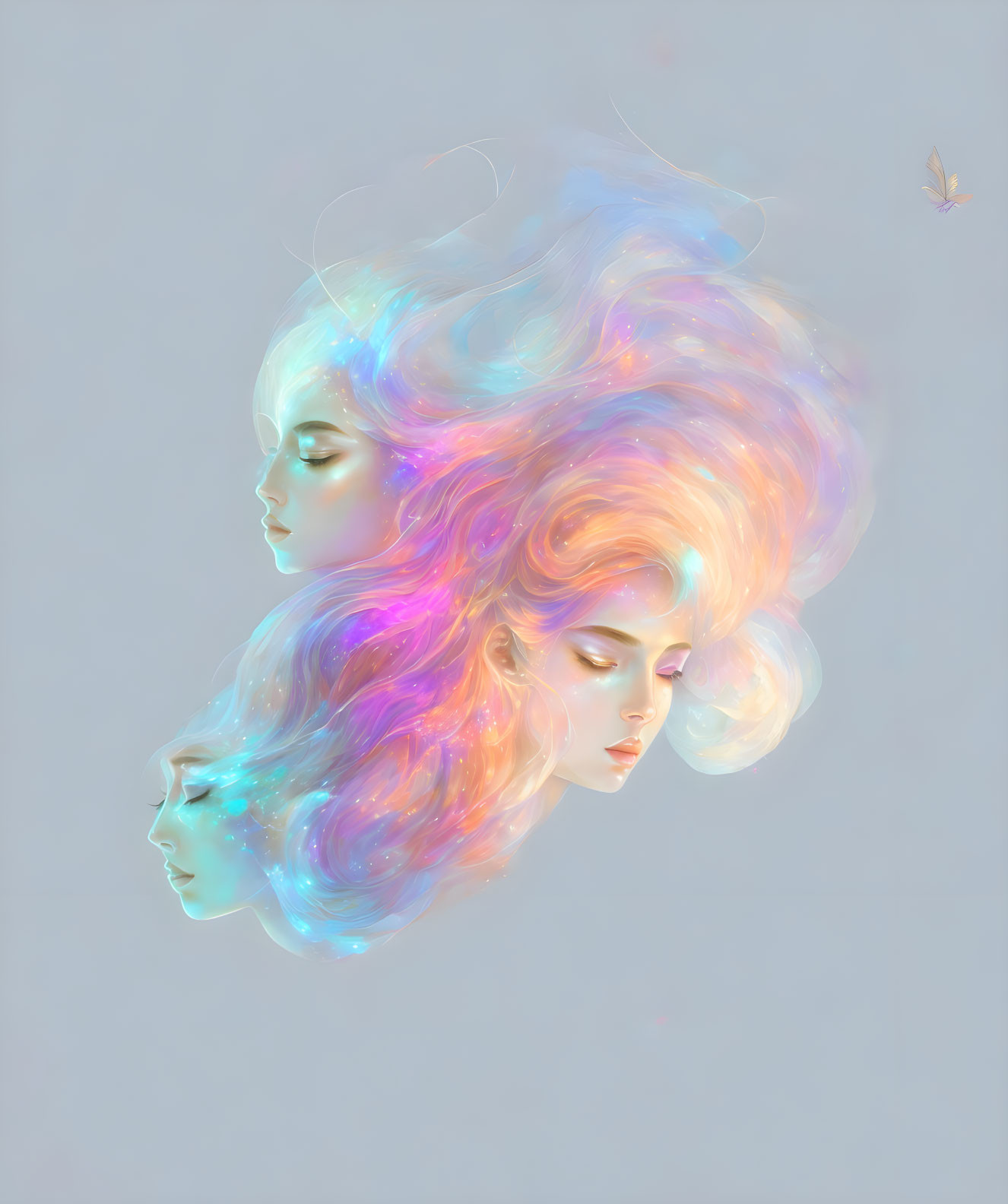 Ethereal faces with vibrant hair and butterfly in dreamlike scene