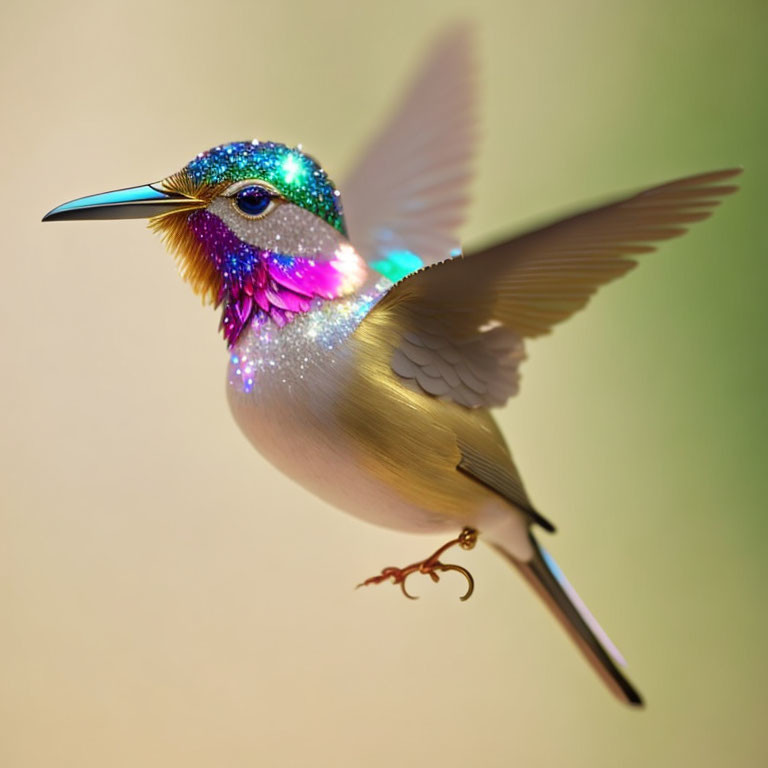 Colorful Hummingbird in Mid-Flight with Sparkling Head