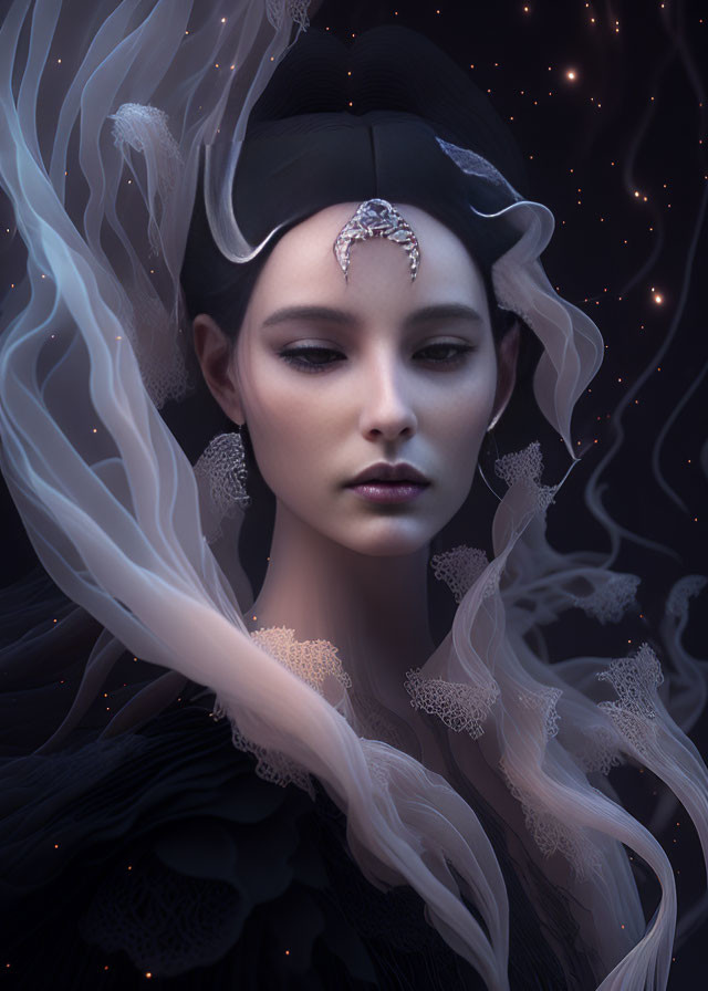 Ethereal woman portrait with lace details and starry background