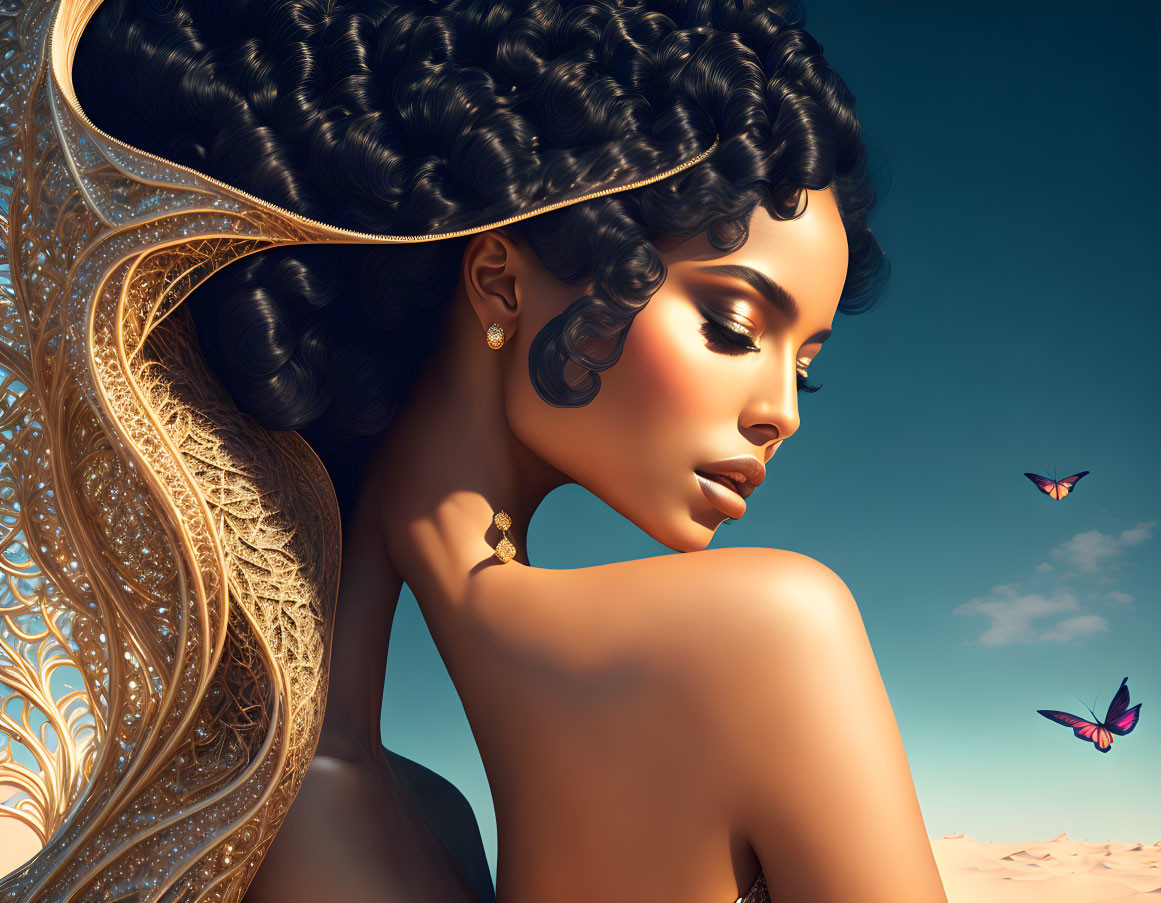 Illustrated portrait of a woman with braided hair and gold jewelry in desert setting