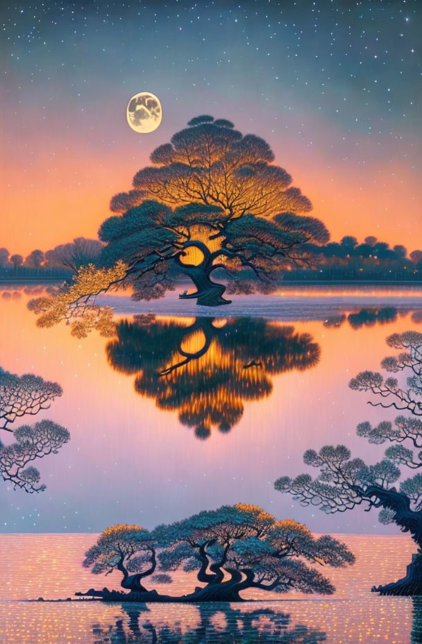 Tranquil landscape: majestic tree, still lake, starry sky, full moon