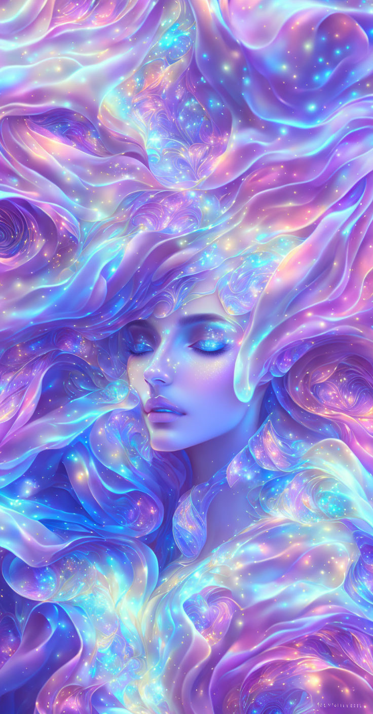 Fantasy female figure in blue and purple cosmic setting