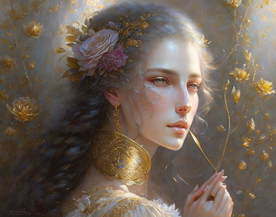 Ethereal woman portrait with gold jewelry and floral backdrop