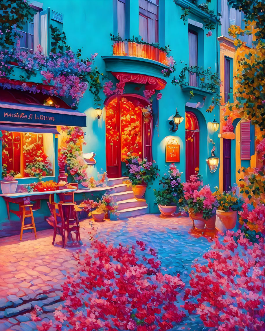 Colorful Street Scene with Blue Building and Red Flowers