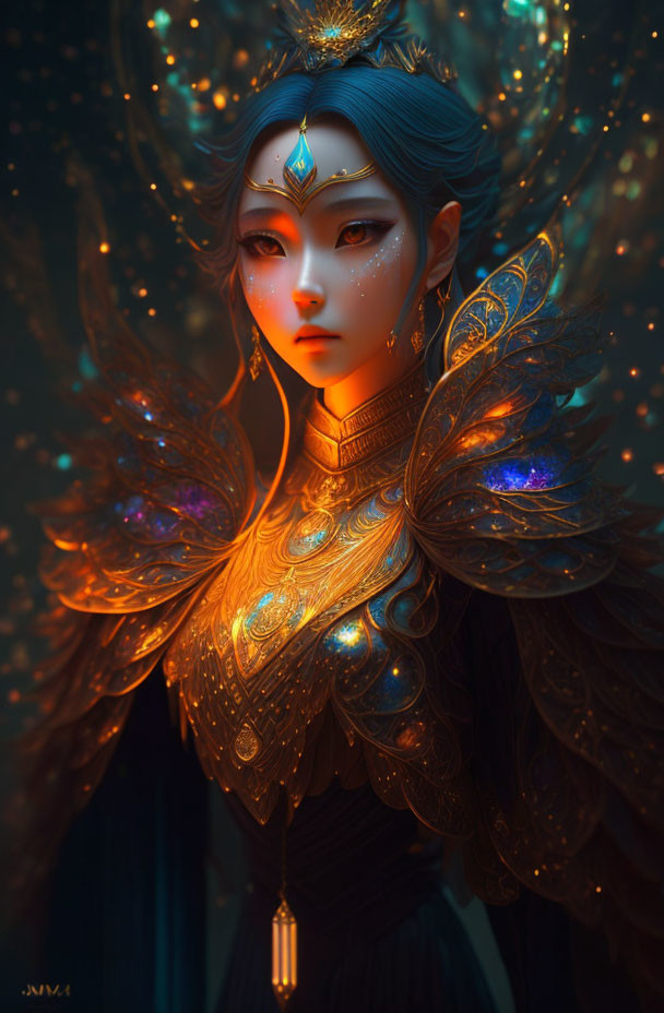 Ethereal female figure in golden armor with luminous wings