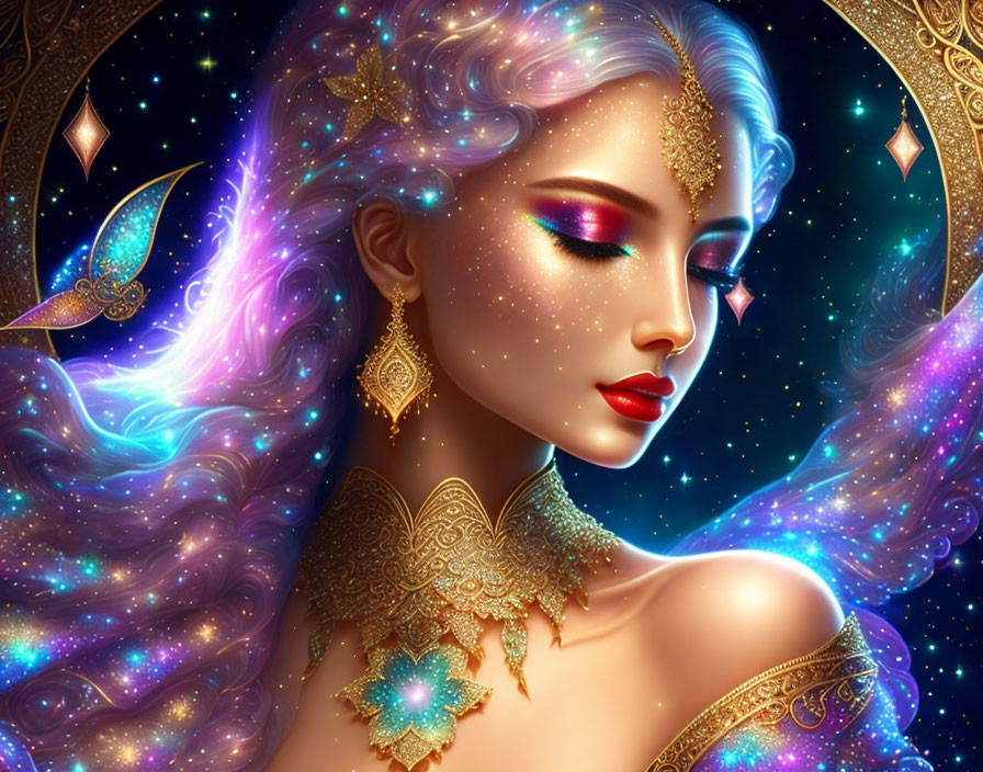 Cosmic-themed digital illustration of a woman with starry hair and golden jewelry