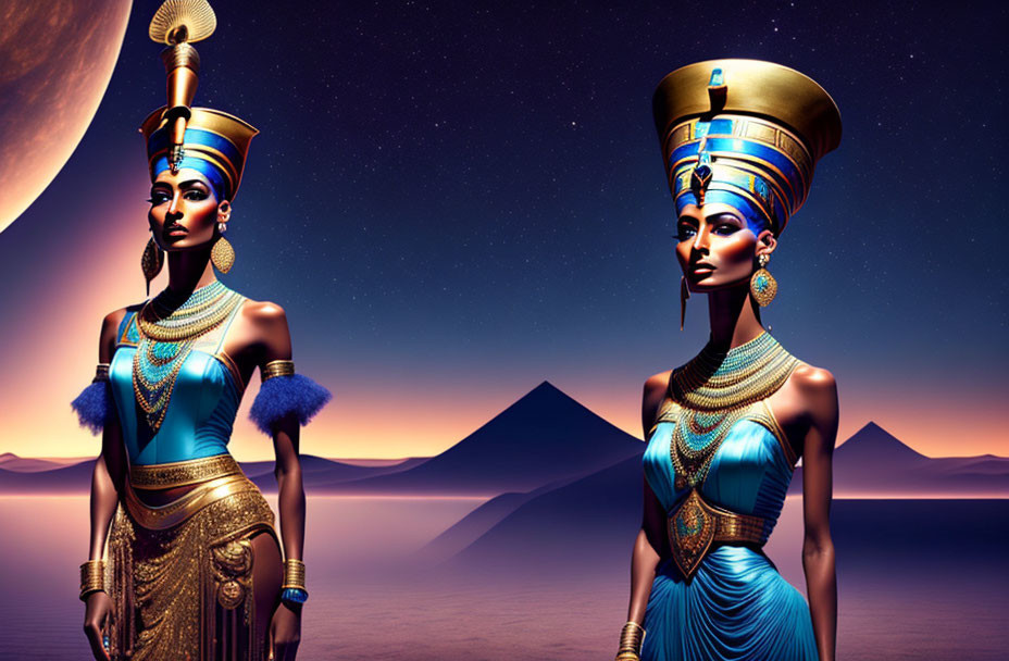 Stylized figures of ancient Egyptian royalty in desert landscape with pyramids under moon