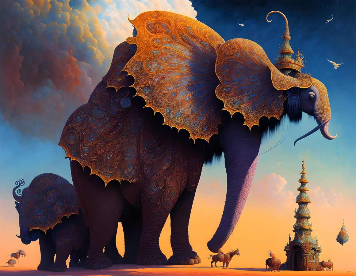 Ornate patterned elephant at exotic temple in vibrant sunset landscape