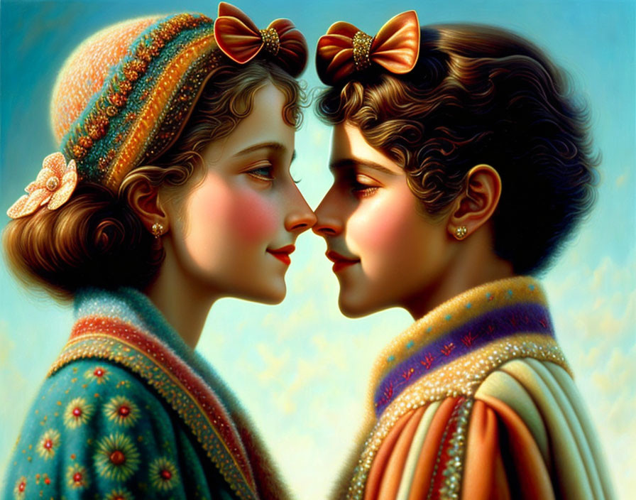 Stylized vintage illustration of two young individuals in vibrant attire