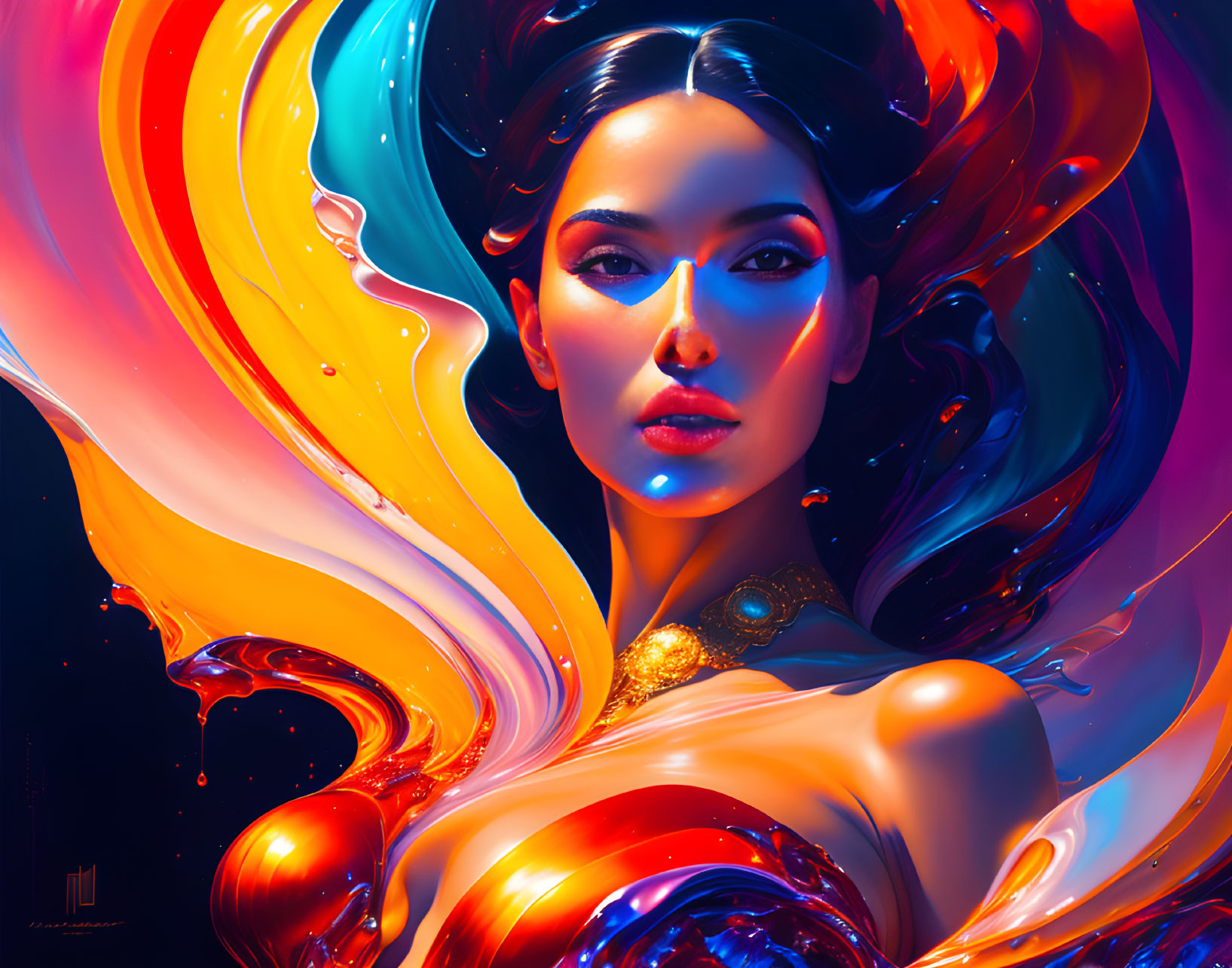 Colorful digital portrait of a woman with swirling liquid forms and gold jewelry on dark backdrop