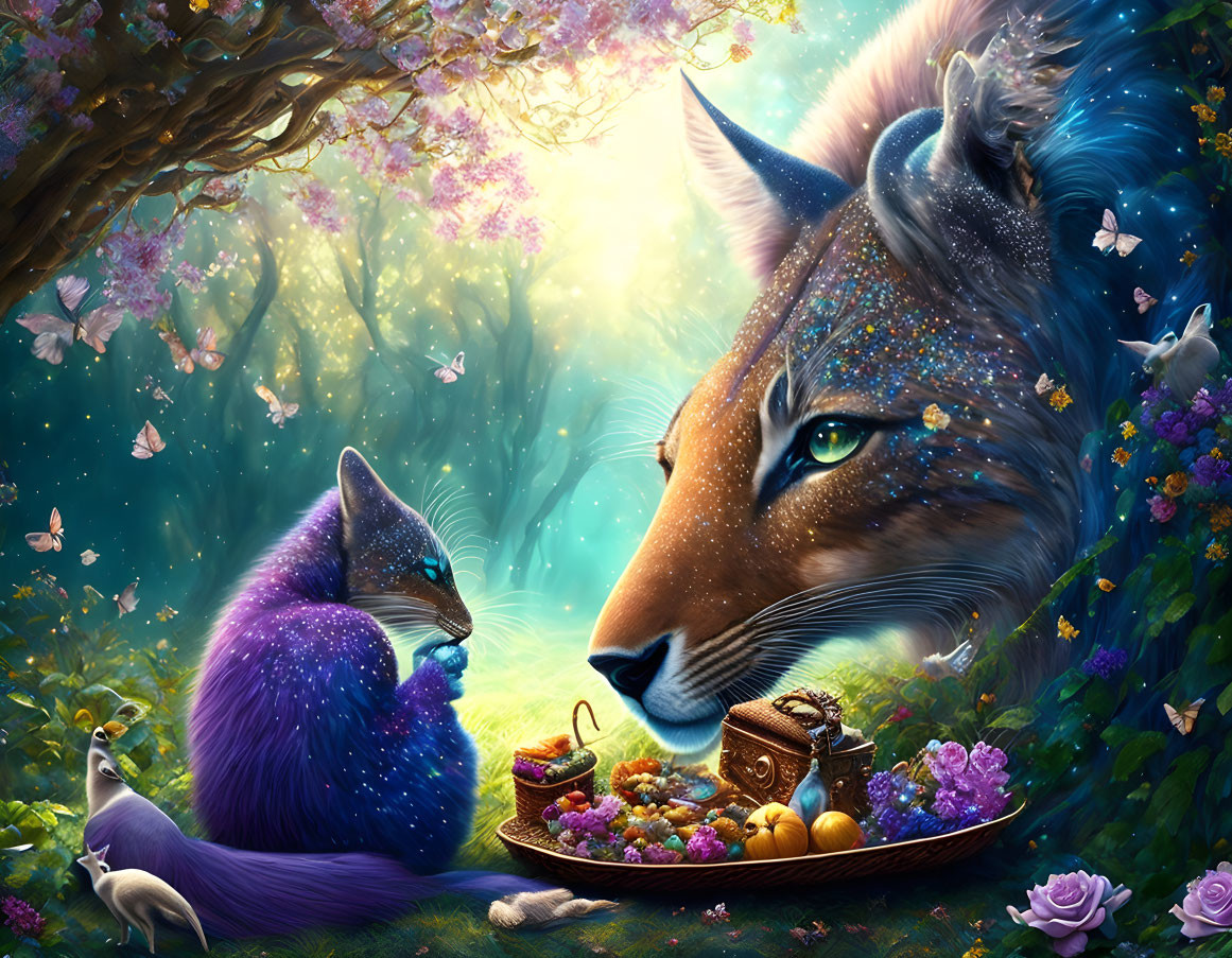 Giant blue and small purple fox in enchanted forest with butterflies, peacocks, vibrant flora