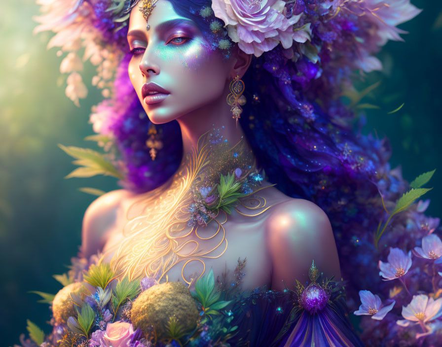 Purple-skinned woman in floral and gold jewelry against nature backdrop