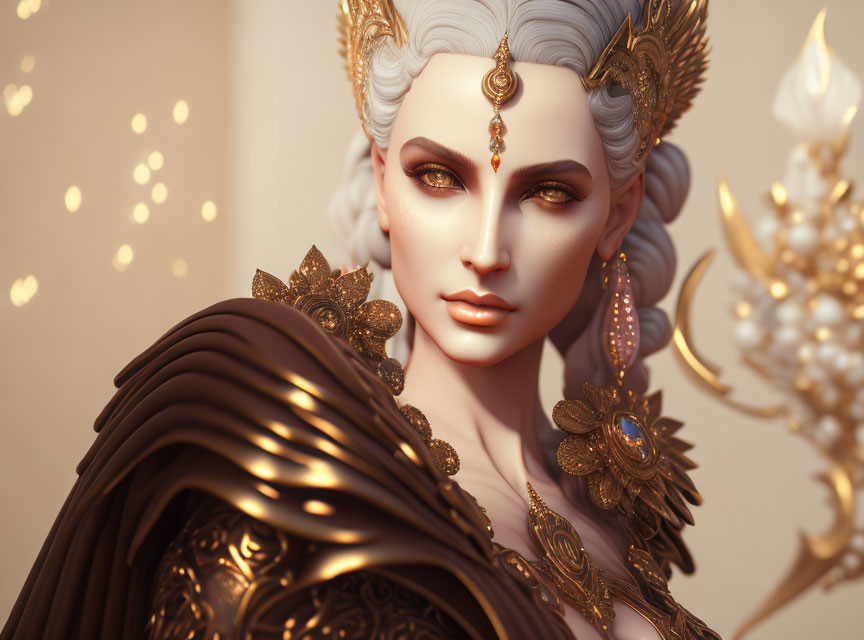 Fantasy character with golden jewelry and regal cape