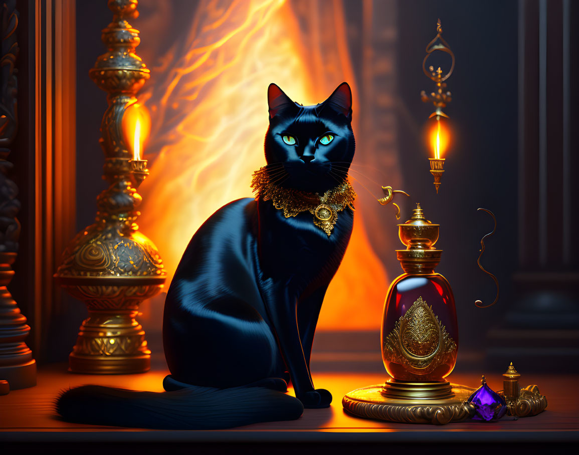 Black Cat with Blue Eyes and Golden Collar by Fireplace and Potion Bottle