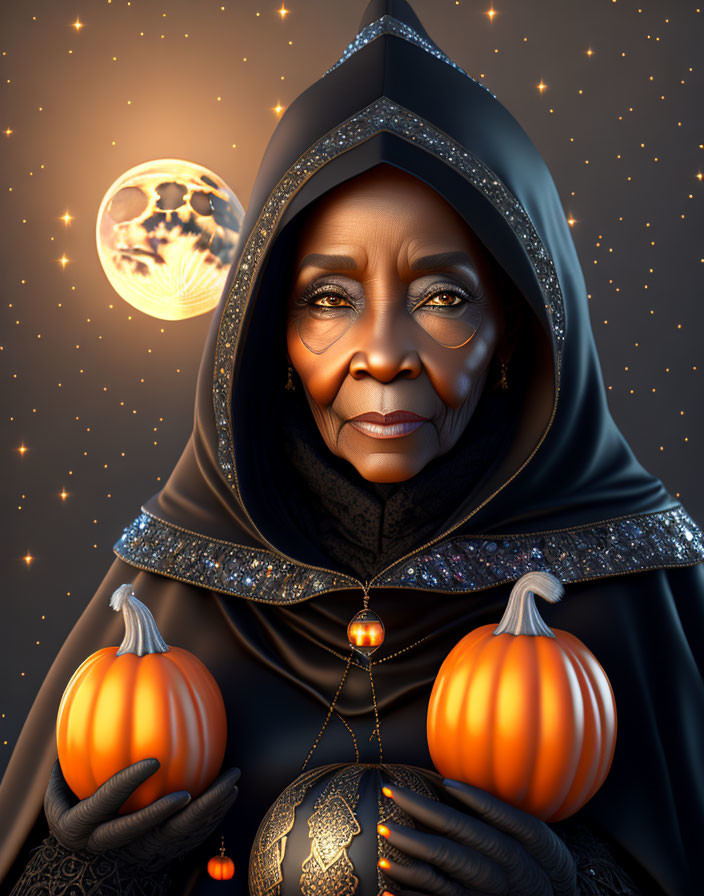 Elderly woman in hooded cloak with pumpkins and glowing orb under starry sky