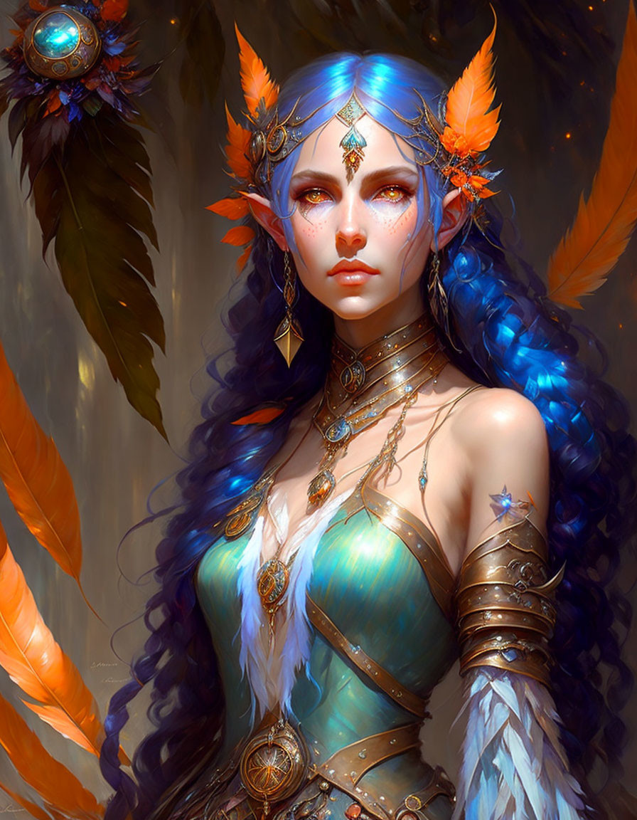 Fantasy illustration: Woman with blue hair, feathers, and glowing accents