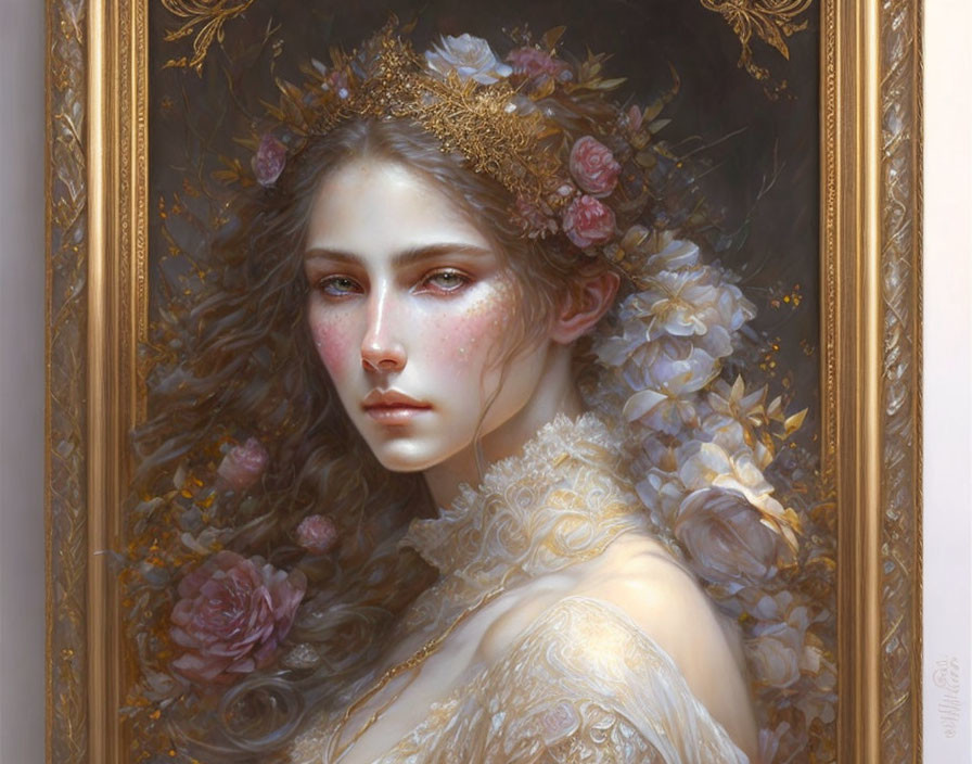 Portrait of Woman with Floral Crown and Golden Frame