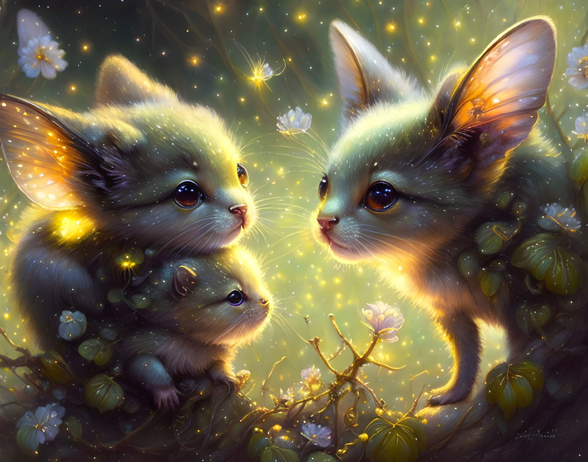 Whimsical kittens in enchanted forest with glowing eyes