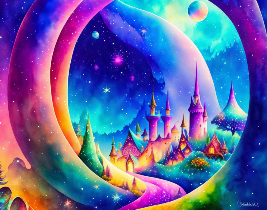 Fantasy landscape with castle, trees, and cosmic sky.