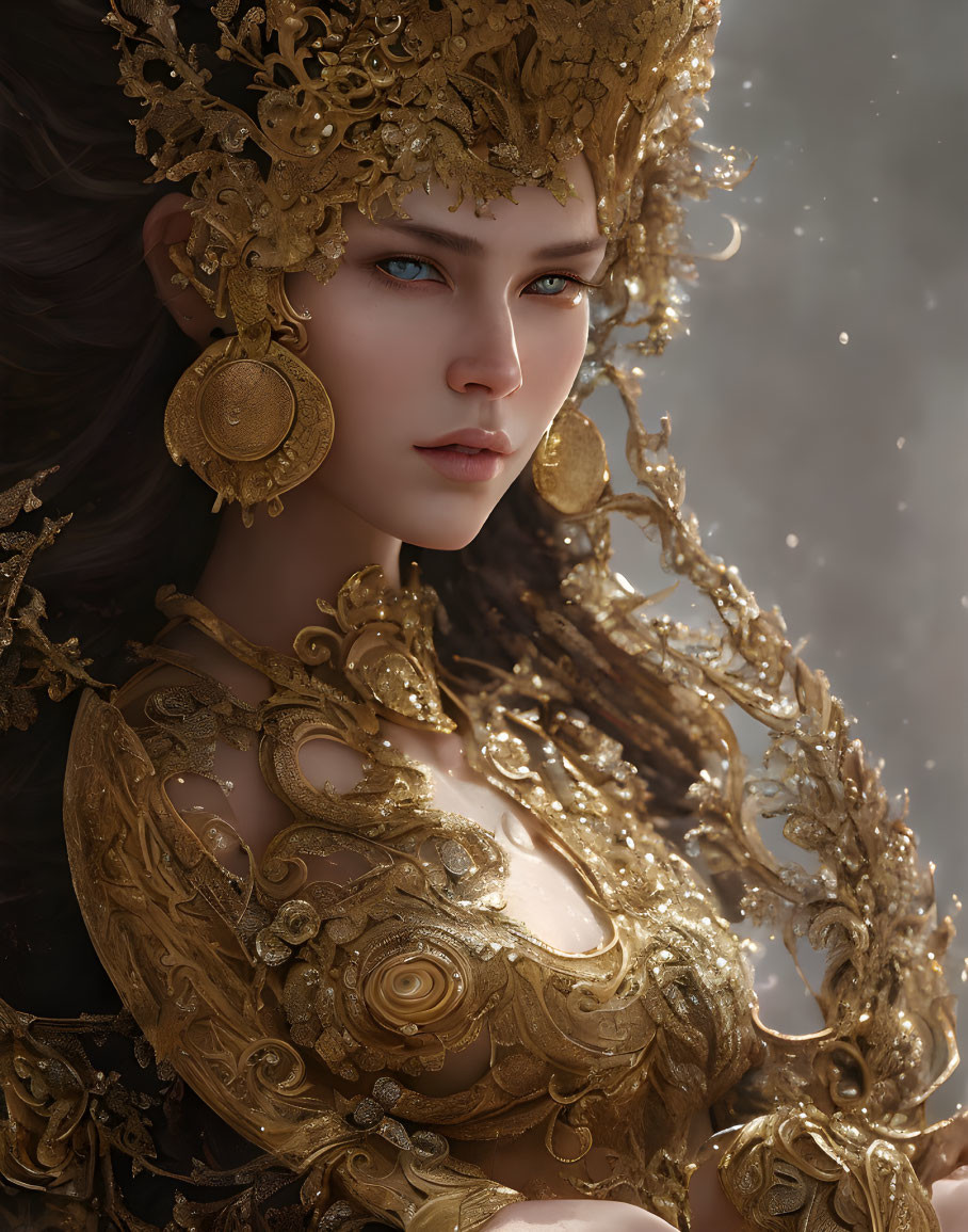 Intricate golden headdress and armor on fair-skinned woman