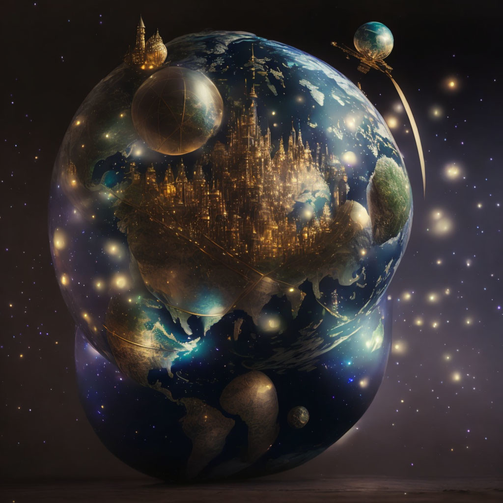 Surreal artwork of Earth with fantasy cities, castle, orbs, and stars