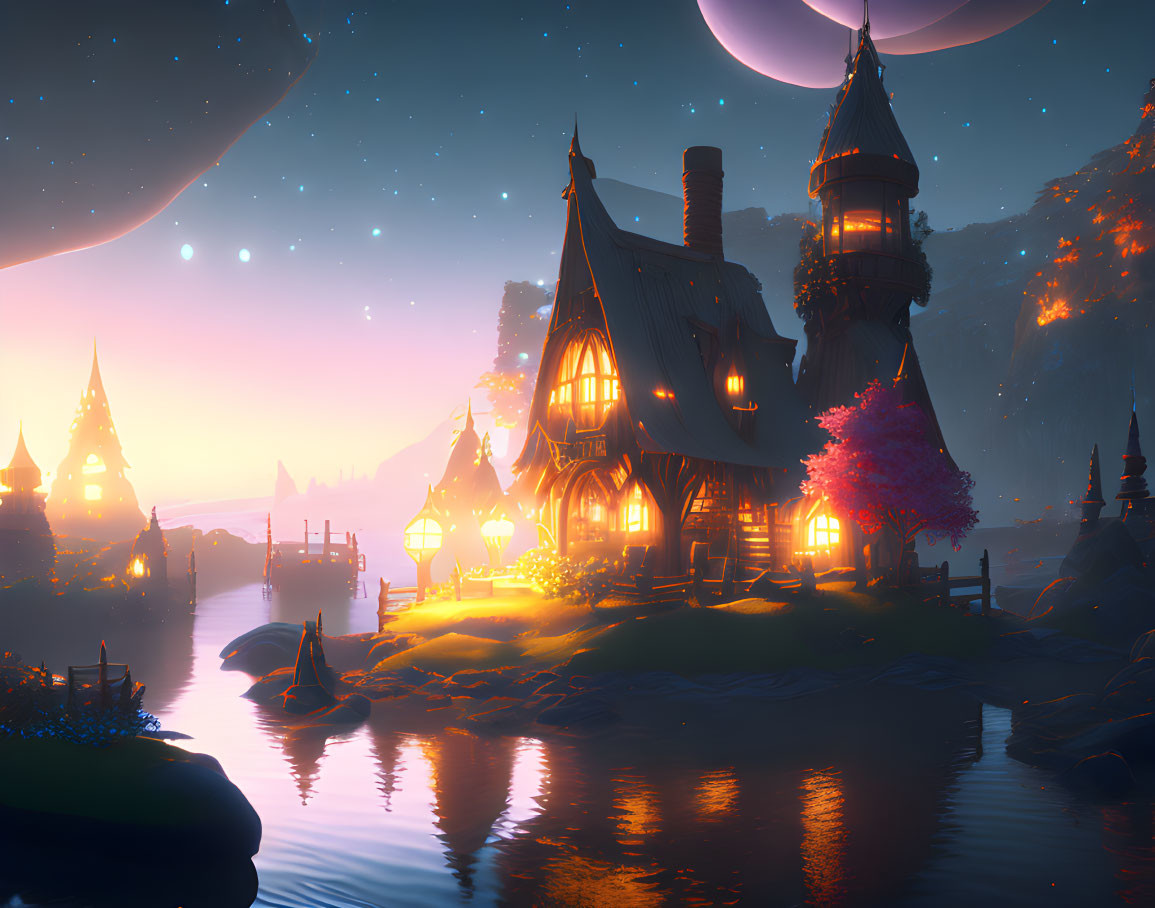 Fantasy landscape with glowing starry sky, whimsical house, lanterns, and large moon.