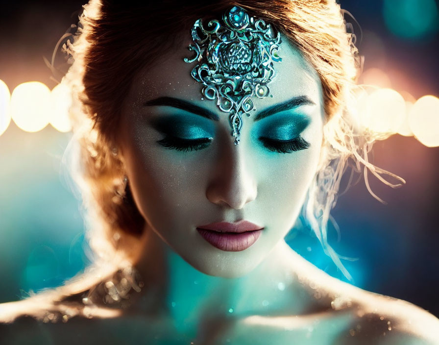 Portrait of a woman with intricate makeup and forehead piece on bokeh light background.