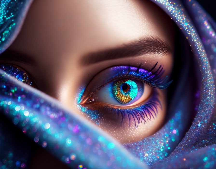 Detailed blue eye makeup on close-up shot with sparkling fabric