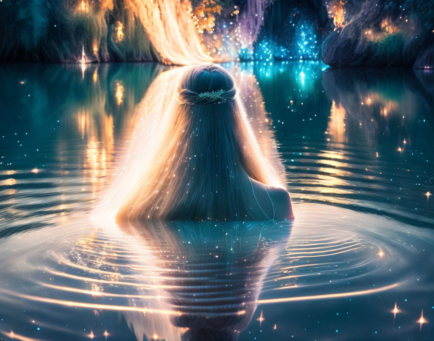 Person with long hair in wreath sitting in glowing water under starry sky