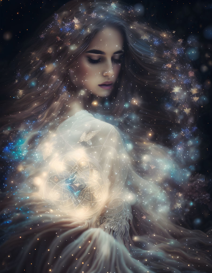 Woman surrounded by stars and celestial elements in dreamy setting