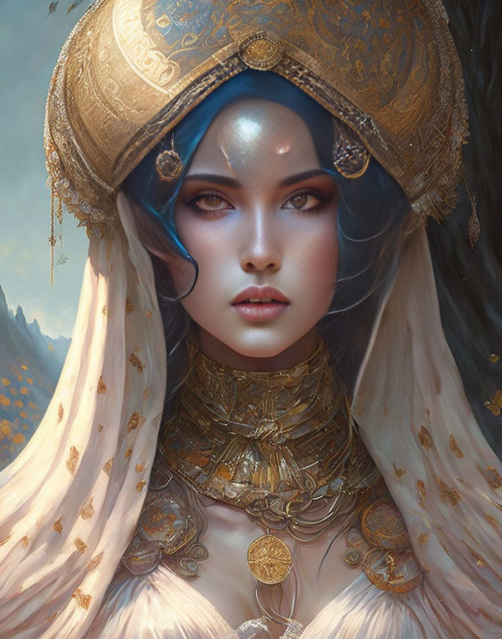 Fantasy-themed illustration of a blue-skinned woman in ornate golden attire