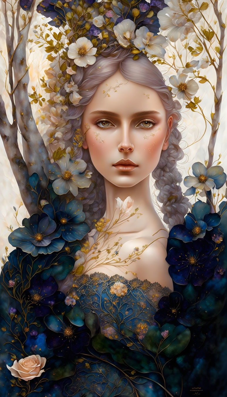 Lavender-haired woman with floral adornments and gold leaf accents in golden embellished dress.